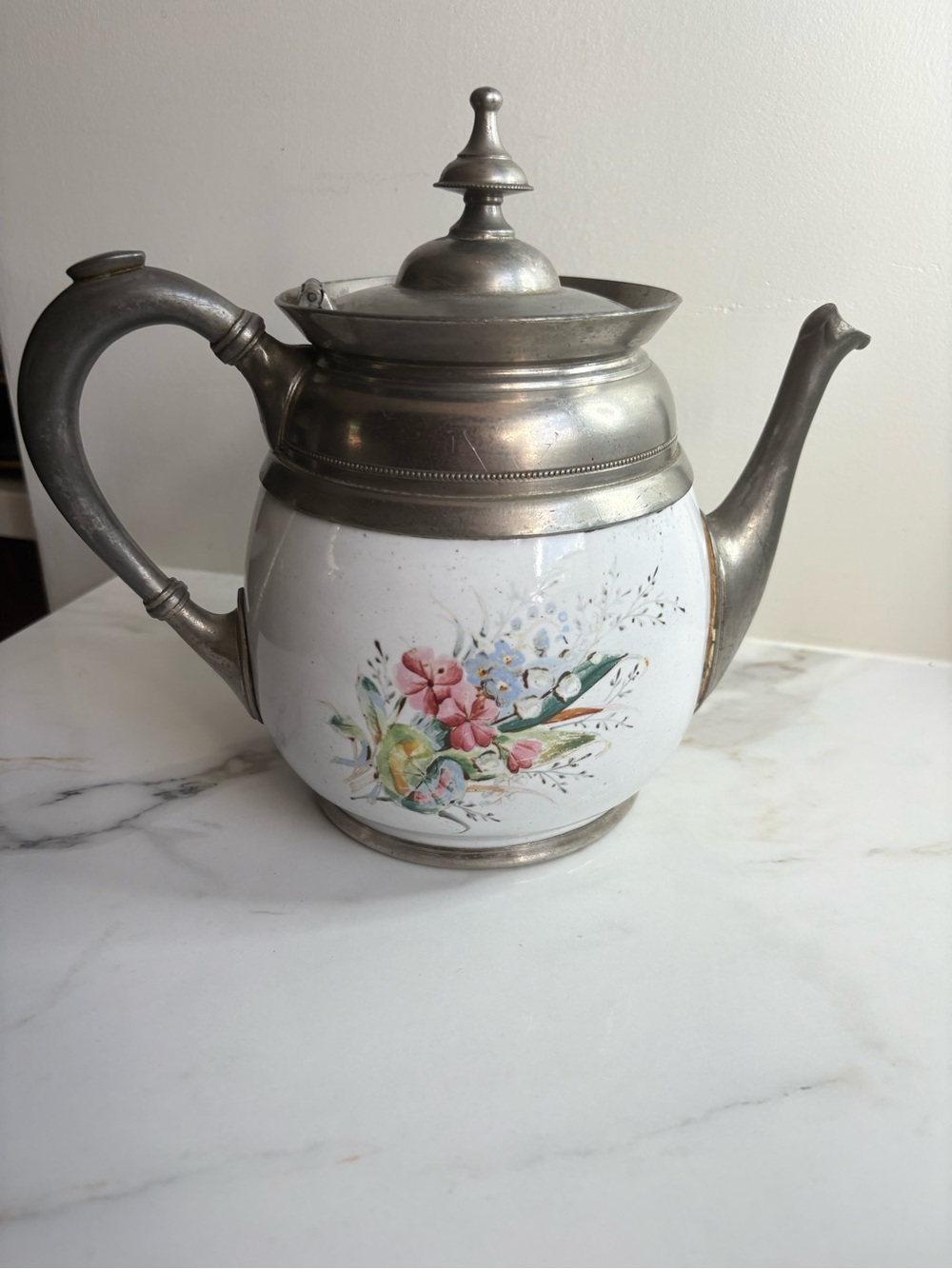 Antique Hand-Painted Enamel & Pewter Floral Teapot | Cottage-core Decor